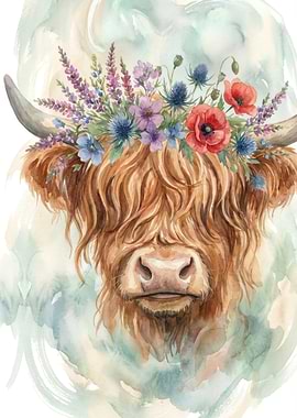 Floral Highland Cow Watercolor Portrait
