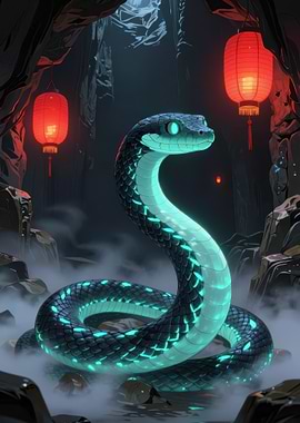 Glowing Snake in Cave with Lanterns