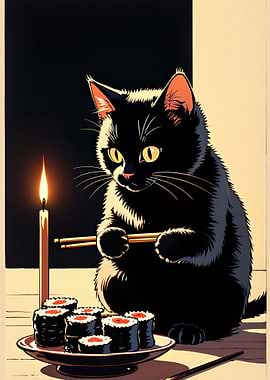 Cat with Sushi and Candle