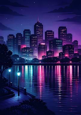 Night Cityscape with Water Reflection