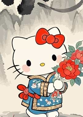 Hello Kitty in Kimono with Flowers