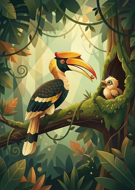 Hornbill Feeding Chick in Jungle