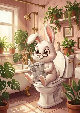 Rabbit Reading Newspaper in Bathroom