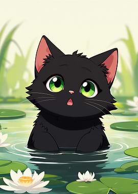 Black Cat in Lily Pond