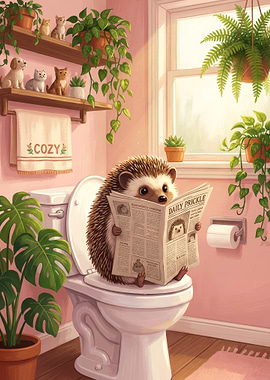 Hedgehog reading newspaper on toilet
