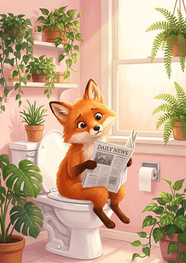 Fox Reading Newspaper on Toilet
