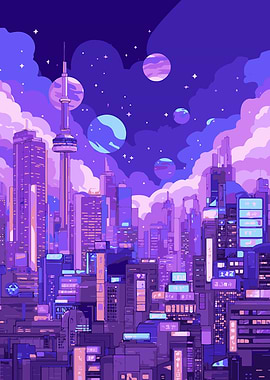Purple Cyberpunk Cityscape with Planets