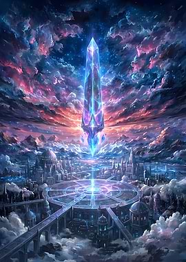 Crystal Tower over Fantasy Cityscape