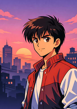 Anime Boy in Cityscape at Sunset