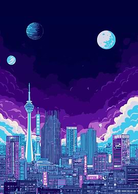 Cyberpunk Cityscape with Planets