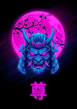 Neon Samurai Mask with Cherry Blossom Moon