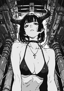 Anime Devil Girl in Industrial Setting