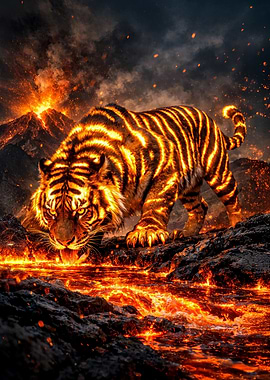 Fiery Tiger in Volcanic Landscape