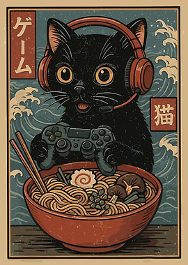 Gamer Cat Ramen Poster, Japanese Gaming Wall Art, Retro Anime Style Cat Illustration Print