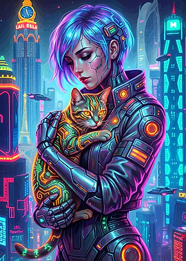Cyberpunk Girl with Cat in Cityscape