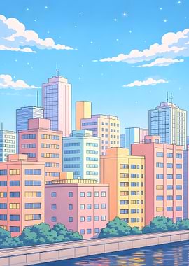 Pastel Cityscape Anime Style