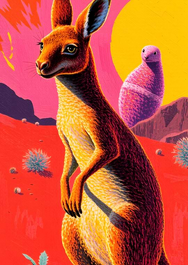 Kangaroo and Echidna in Australian Landscape