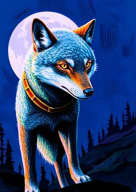 Wolf with Collar Under Moonlight