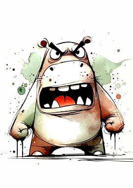 Angry Cartoon Hippo Watercolor Illustration