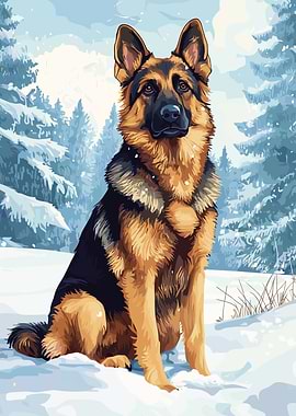 German Shepherd in Winter Landscape
