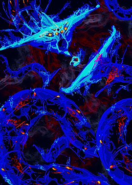 SubNautica Ghost Leviathan En Abstract Blue and Red Creature Design