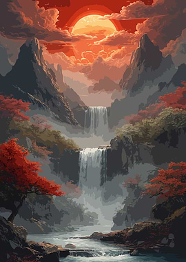 Mountain Waterfall Landscape with Red Sun