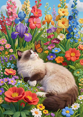 Cat and Butterfly in Flower Garden