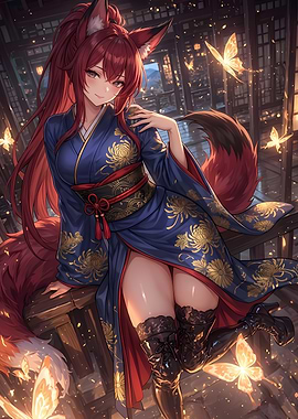 Fox Girl in Kimono with Butterflies