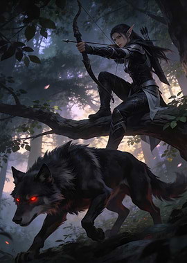 Elf Archer with Wolf Companion