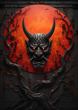 Japanese Oni Mask with Red Moon