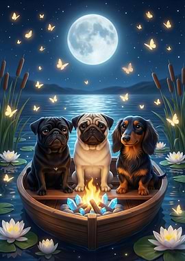 Dogs' Nighttime Boat Trip