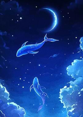 Whales under the moonlit sky