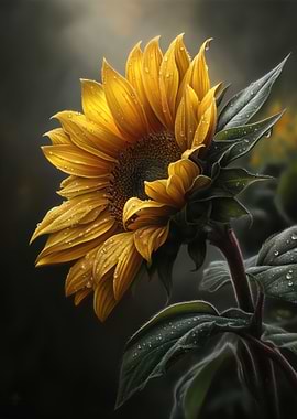 Sunflower with Water Droplets