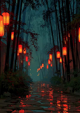Bamboo Forest with Red Lanterns