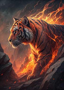 Fiery Tiger in Volcanic Landscape