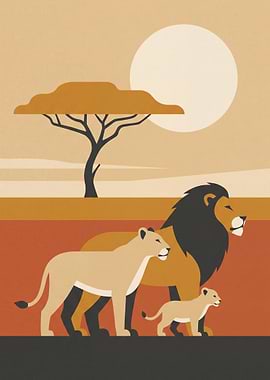 Lion Family in African Landscape