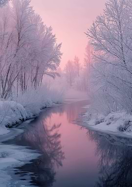 Winter River Landscape with Frosty Trees