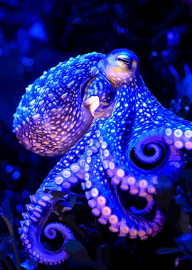 Blue Octopus in Deep Sea