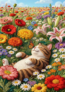 Cat Nap in Flower Field
