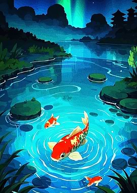 Koi Pond with Aurora Borealis