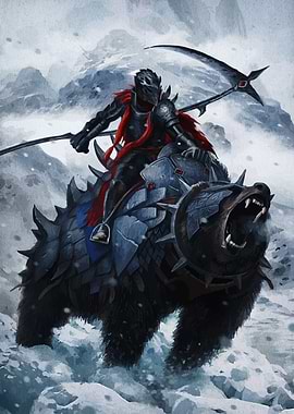 Knight riding armored bear in snow