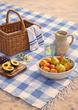 Beach Picnic Still Life with Fruit and Drink