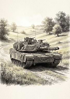 Camouflaged Tank in Grassy Field