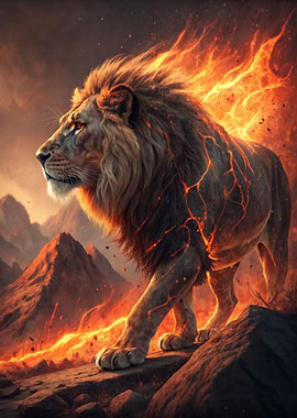 Fiery Lion in Volcanic Landscape