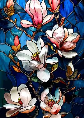 Magnolia Flowers Stained Glass Style Art