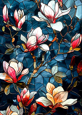Magnolia Flowers Stained Glass Style