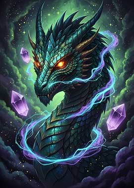 Emerald Dragon with Crystals and Magic