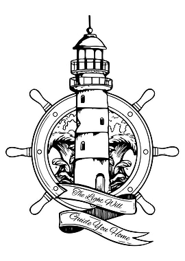 Lighthouse and Ship Wheel Illustration