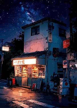 Nighttime Japanese Shopfront Digital Art