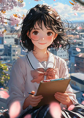Anime Girl with Clipboard and Cherry Blossoms